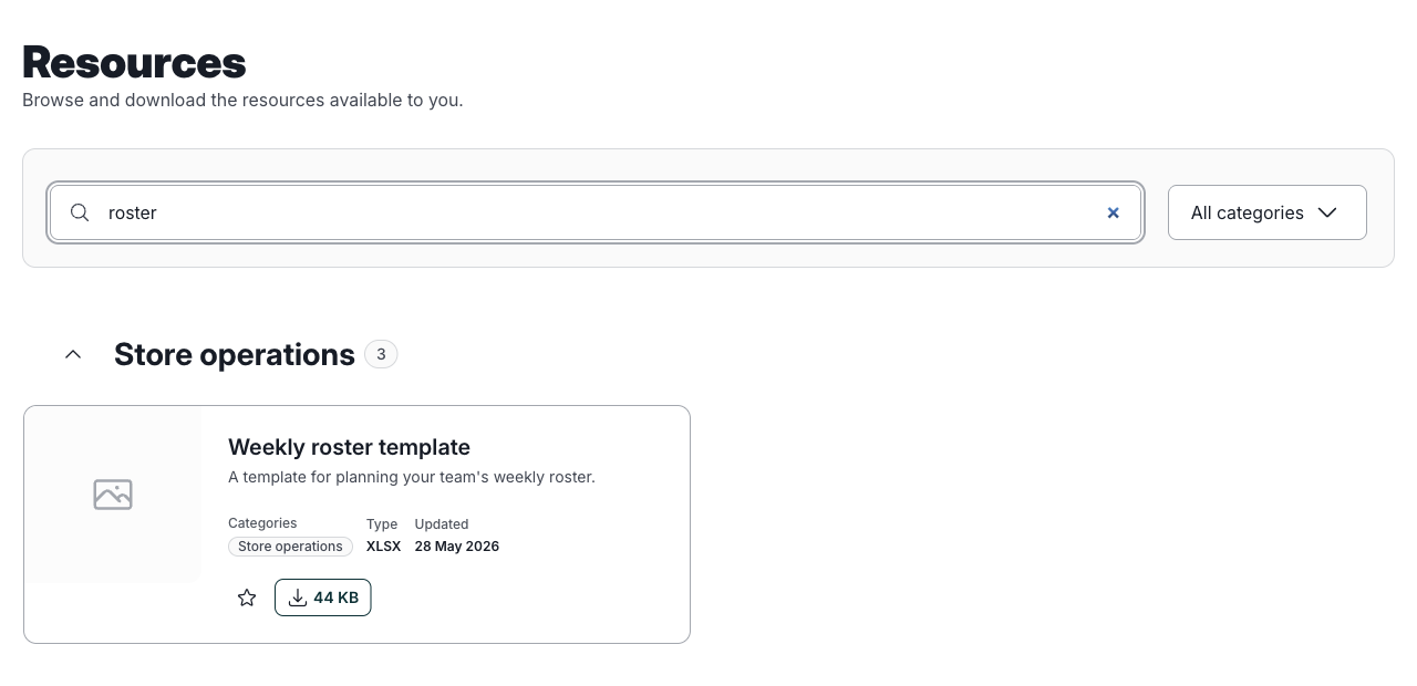 A search for “roster” showing one matching resource, the Weekly roster template, in the Store operations section