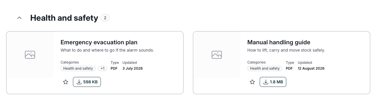 The Health and safety section open, showing two resource cards with categories, file type, updated date, a star and a download button