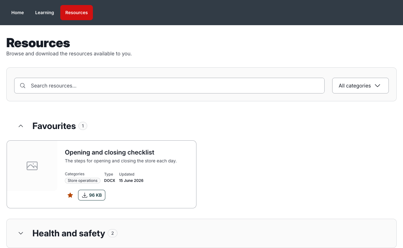 The Resources page, with the search box and category filter at the top, a Favourites section open and a Health and safety section below it